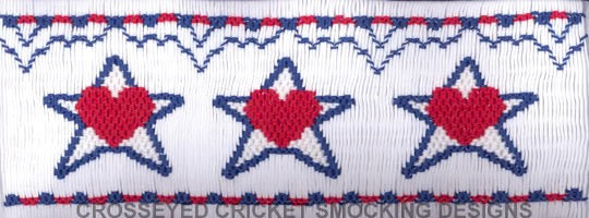 Smocking plate with patriotic stars with hearts. 8 rows of smocking on a yoke.
