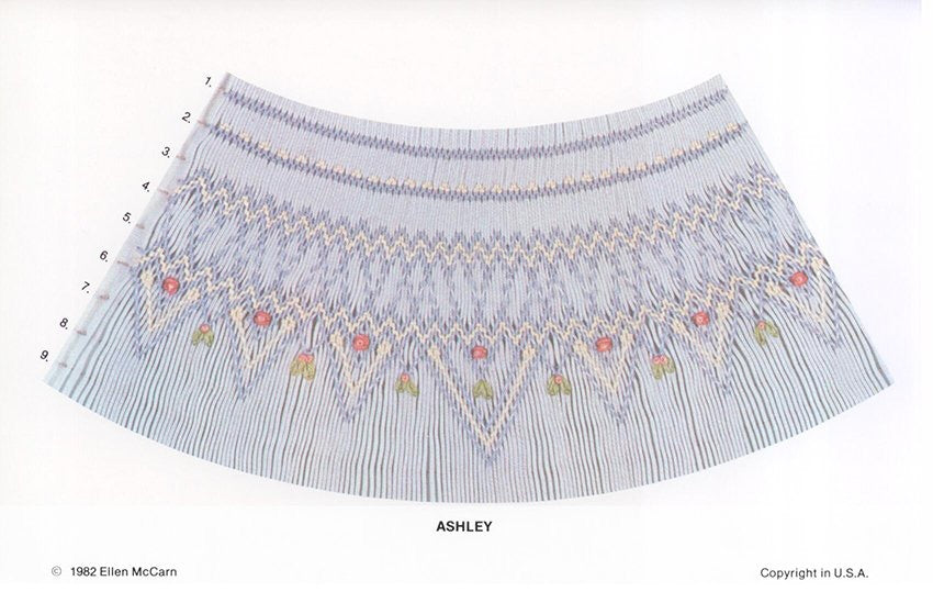 smocking design in blue, ecru, pink roses, and rosebuds accented with green leaves on blue pleated fabric