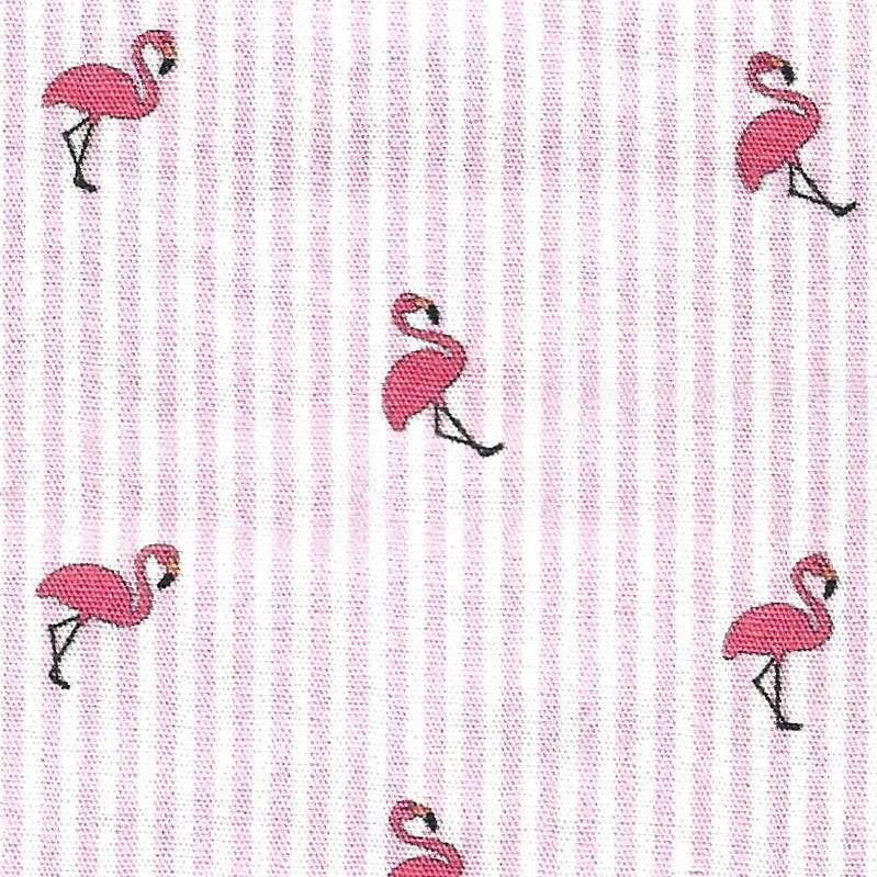 tiny flamingos on pink and white striped fabric