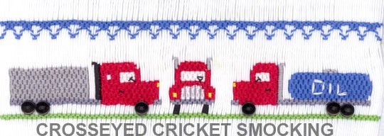 Decorative border with red trucks and blue text 'CROSSEYE CRICKET SMOKING'.