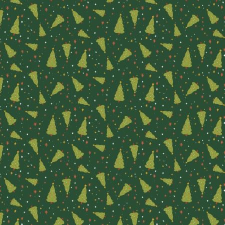 A repeating Christmas pattern featuring light green pine trees, small red ornaments, and tiny white dots on a dark forest green background.