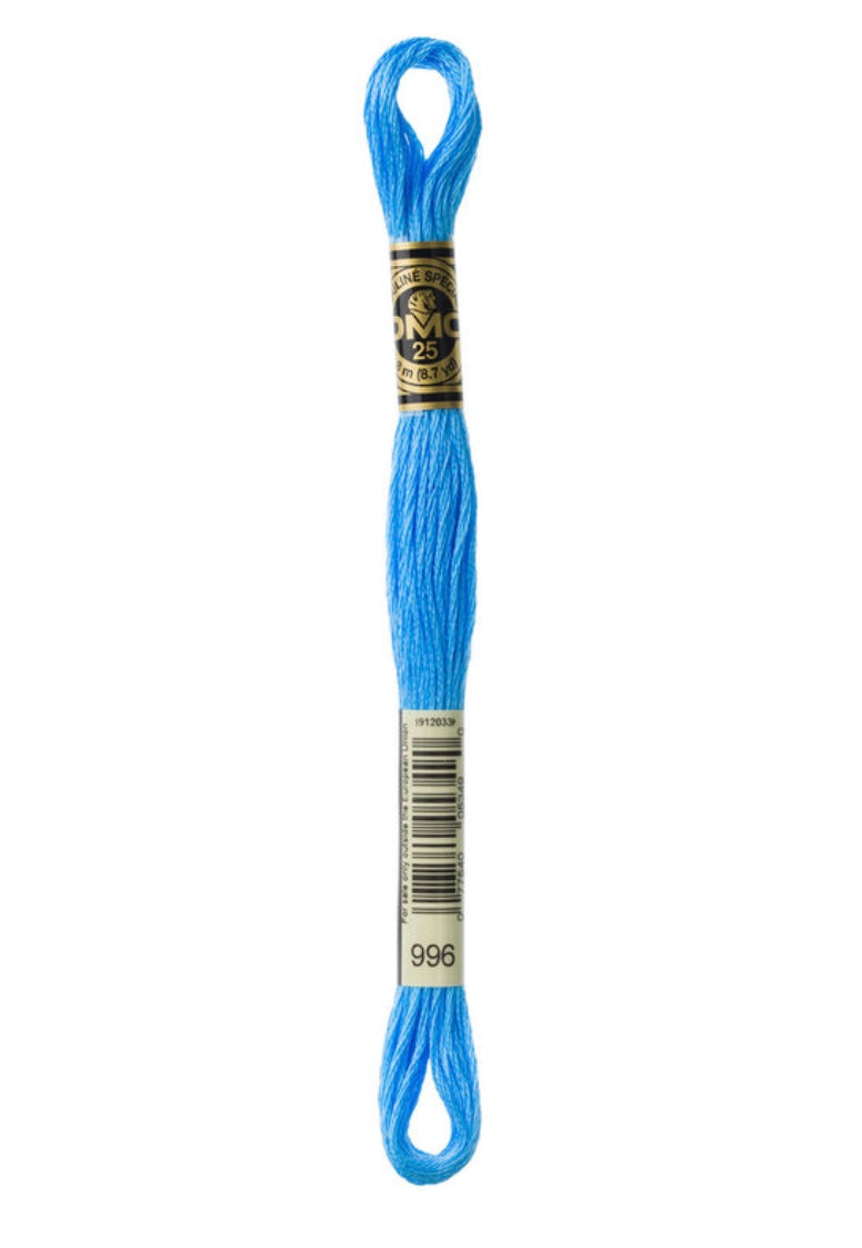 Light blue embroidery floss with a label on a white background