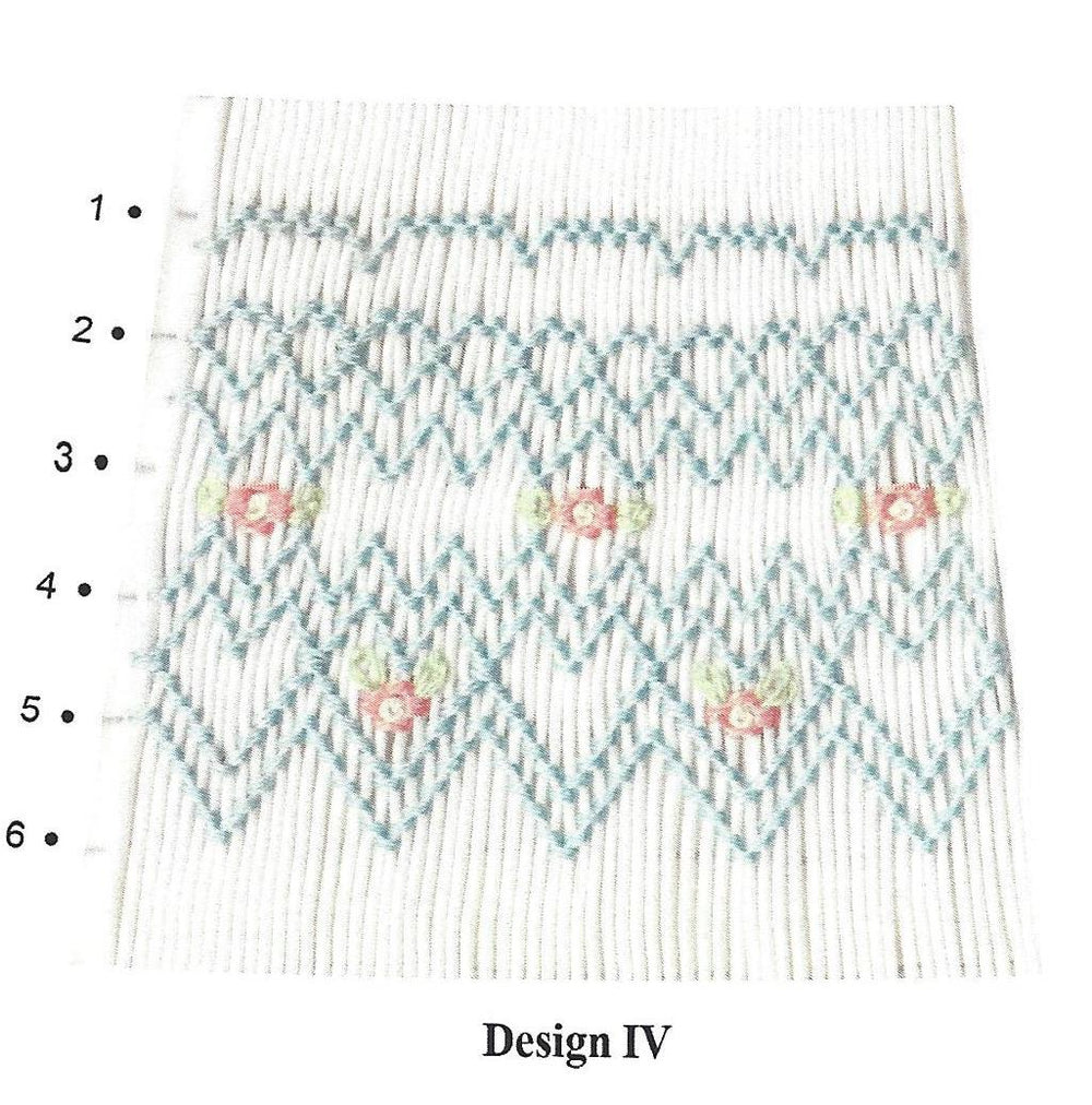 6 row geometric design smocked in blue pink and green on white pleated fabric