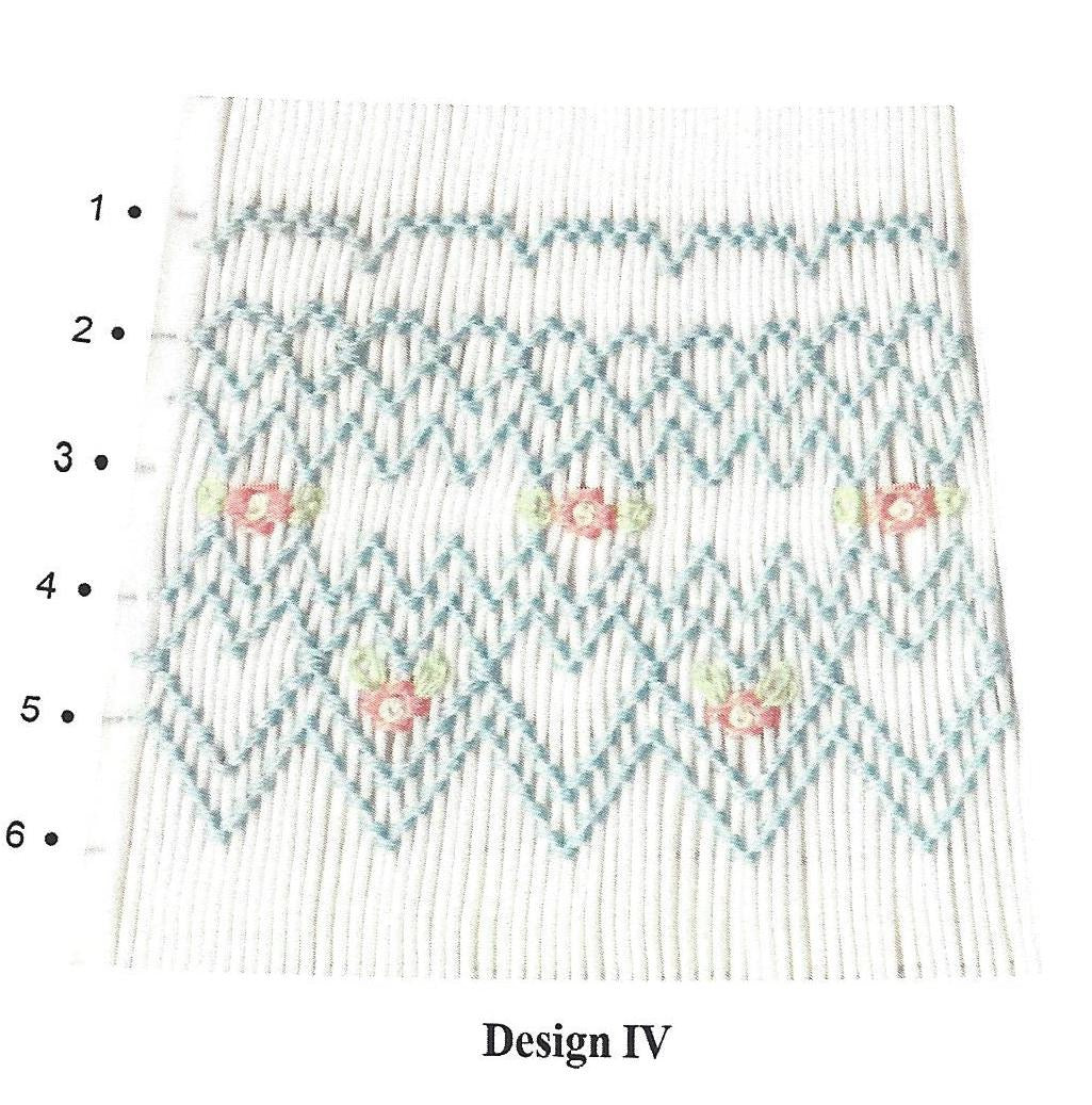6 row geometric design smocked in blue pink and green on white pleated fabric