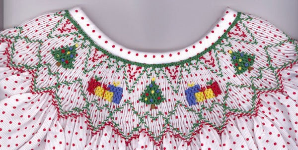 Smocking plate with Christmas gifts and trees. 7 rows of smocking on a bishop.