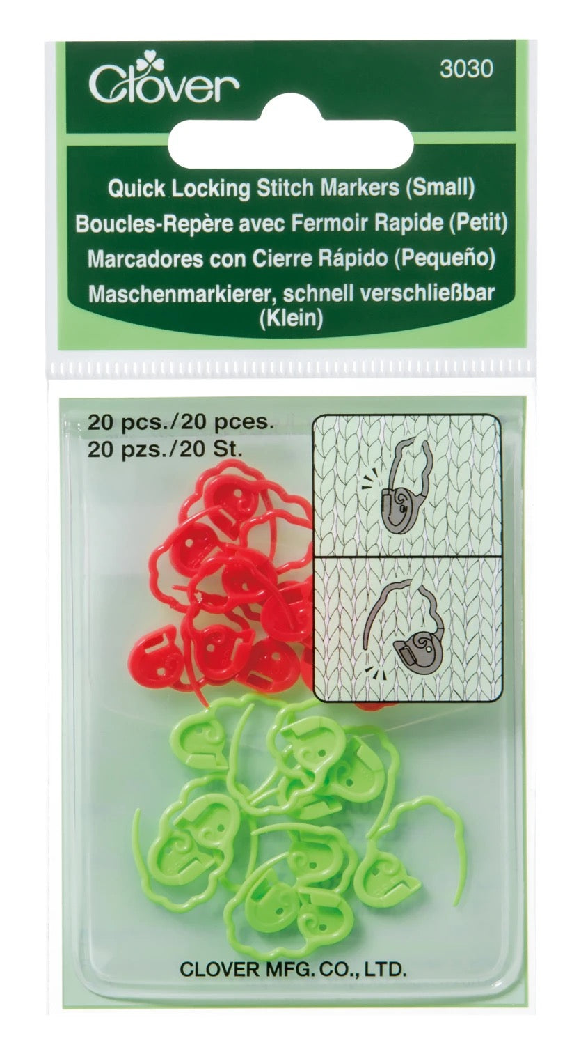 Clover quick locking stitch markers packaging with red and green markers on a green background