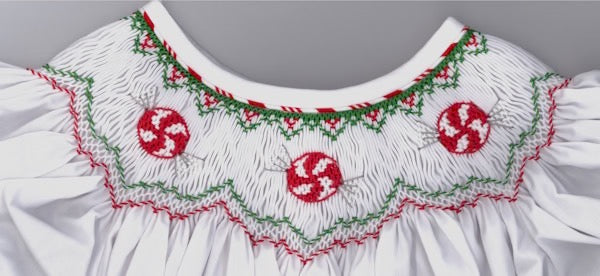 Smocking plate with Christmas peppermint candies. 7 1/2 rows of smocking on a bishop.