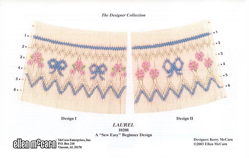 geometric smocking design smocked in cream blue and pink on cream pleated fabric