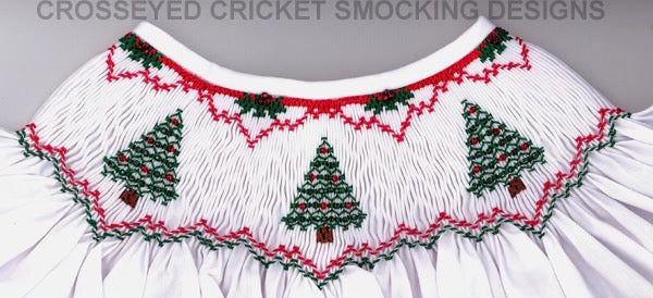 Smocking plate with festive trees, features shiny seed beads. 7 3/4 rows of smocking on a bishop.