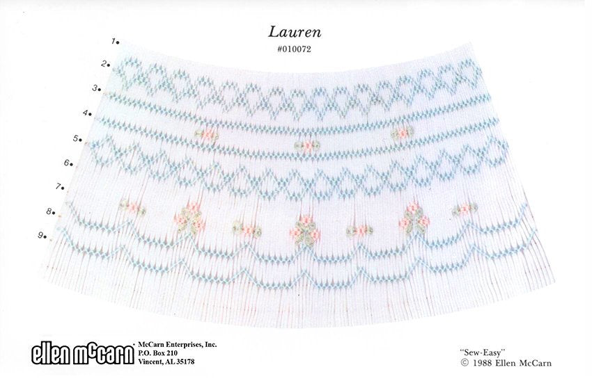 geometric smocking design smocked in blue pink and green on white pleated fabric
