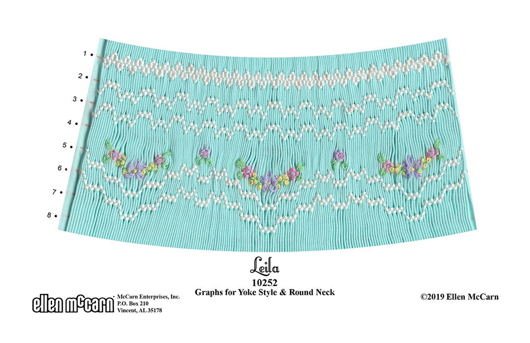 geometric smocking design smocked in white with pink purple and green floral accents on aqua pleated fabric