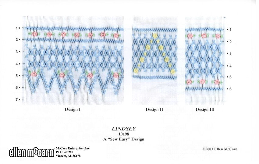 geometric smocking design smocked in blue with pink green and yellow accents on white pleated fabric