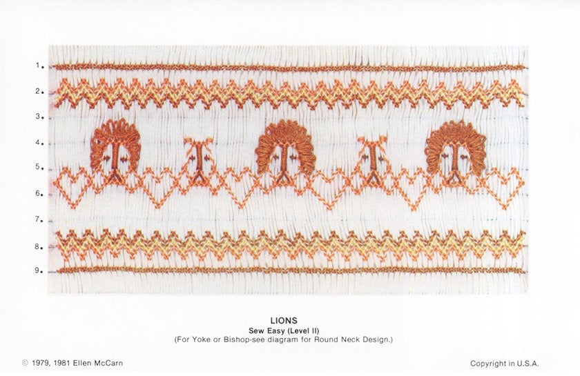 Smocking plate with a geometric design with lions smocked in orange gold and yellow on white pleated fabric