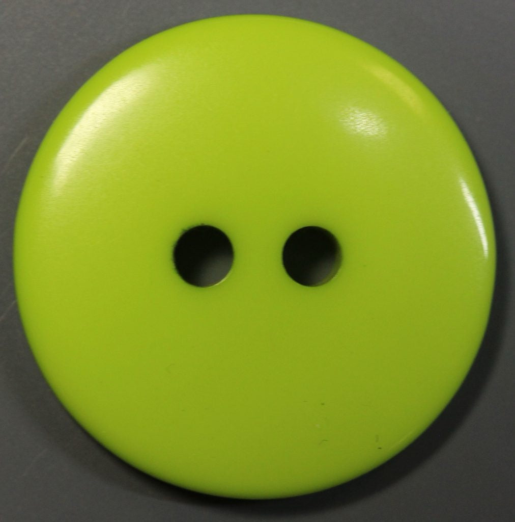 A single lime green, round, two-hole polyester button.