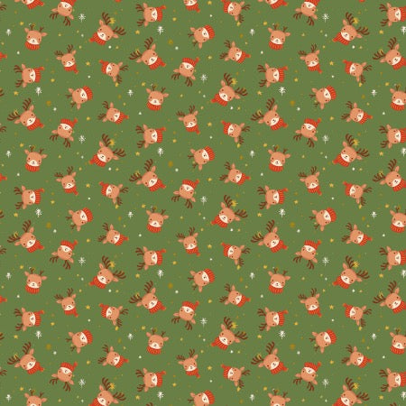 A repeating Christmas pattern featuring cartoon reindeer wearing red scarves and hats, scattered white snowflakes, and small gold stars on an olive green background.