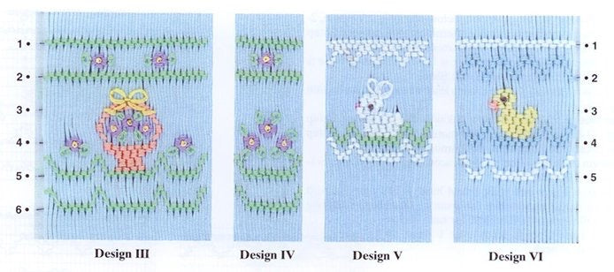 geometric smocking plate smocked in green pink yellow and white with cute little white bunny a yellow duck and orange basket on blue pleated fabric