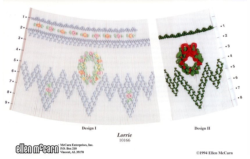 geometric smocking design smocked in blue green pink and red on white pleated fabric