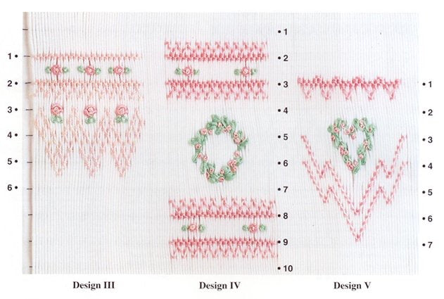 geometric smocking design smocked in pink and green on white pleated fabric