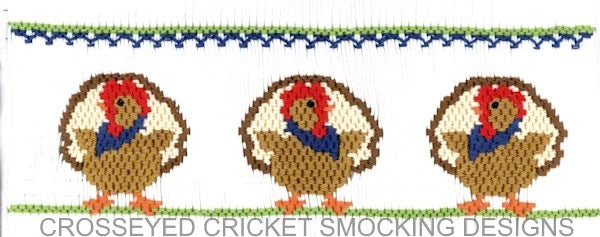 Smocking plate with turkeys. 8 1/2 rows of smocking on a yoke.