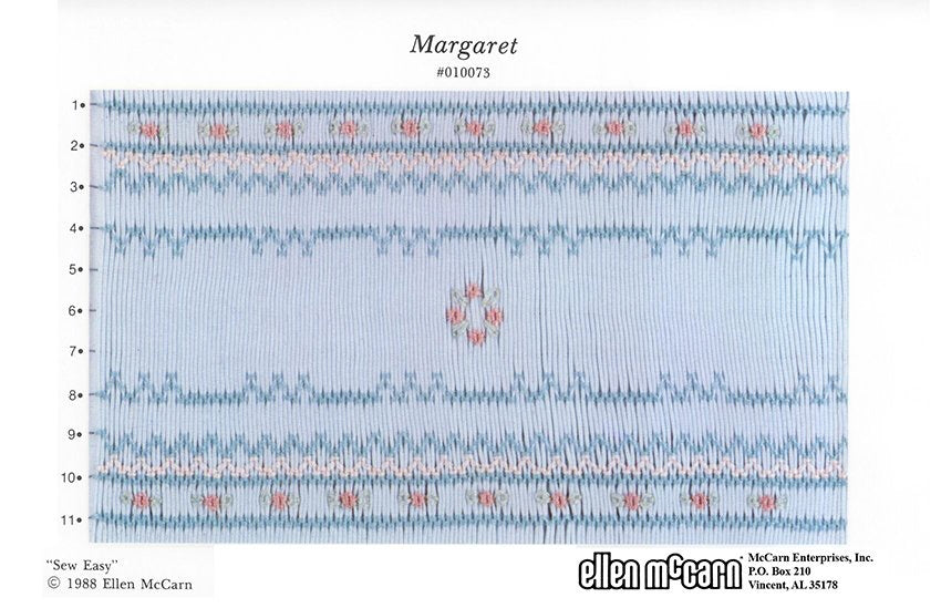 geometric smocking design smocked in blue pink and green on blue pleated fabric