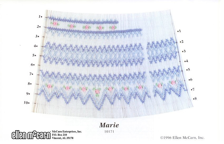 geometric smocking plate smocked in blue pink and green on white pleated fabric