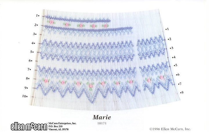 geometric smocking plate smocked in blue pink and green on white pleated fabric