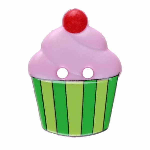 Cupcake-shaped button with pink frosting and a red cherry on top, set against a white background.