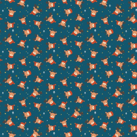 A repeating Christmas pattern featuring cartoon reindeer wearing red scarves and hats, with small white snowflakes and gold stars on a dark teal-blue background.