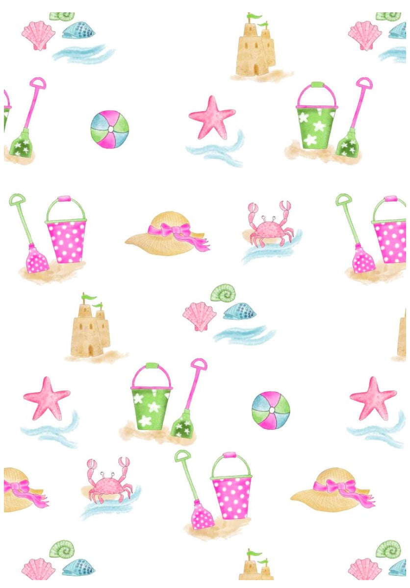 Pattern of beach-themed stickers including sand buckets, starfish, and seashells on a white background.