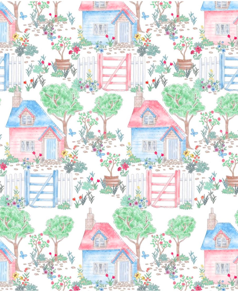 Pattern of colorful houses and trees on a white background
