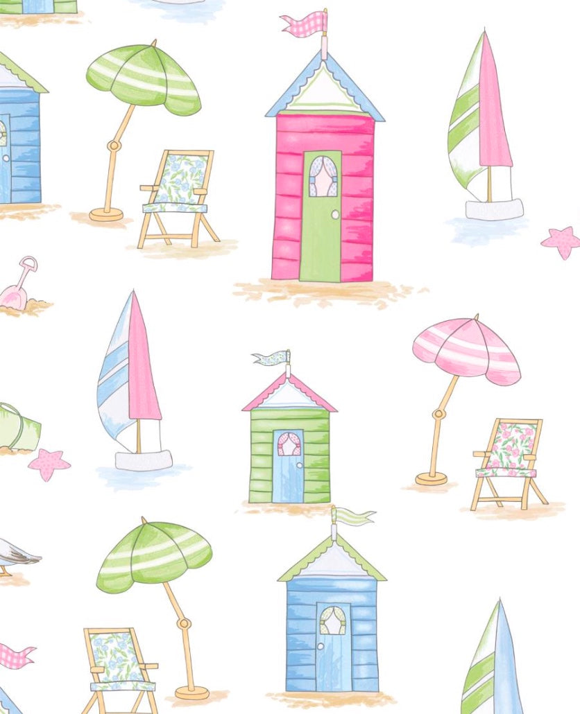 Pattern of colorful beach huts, umbrellas, and chairs on a white background
