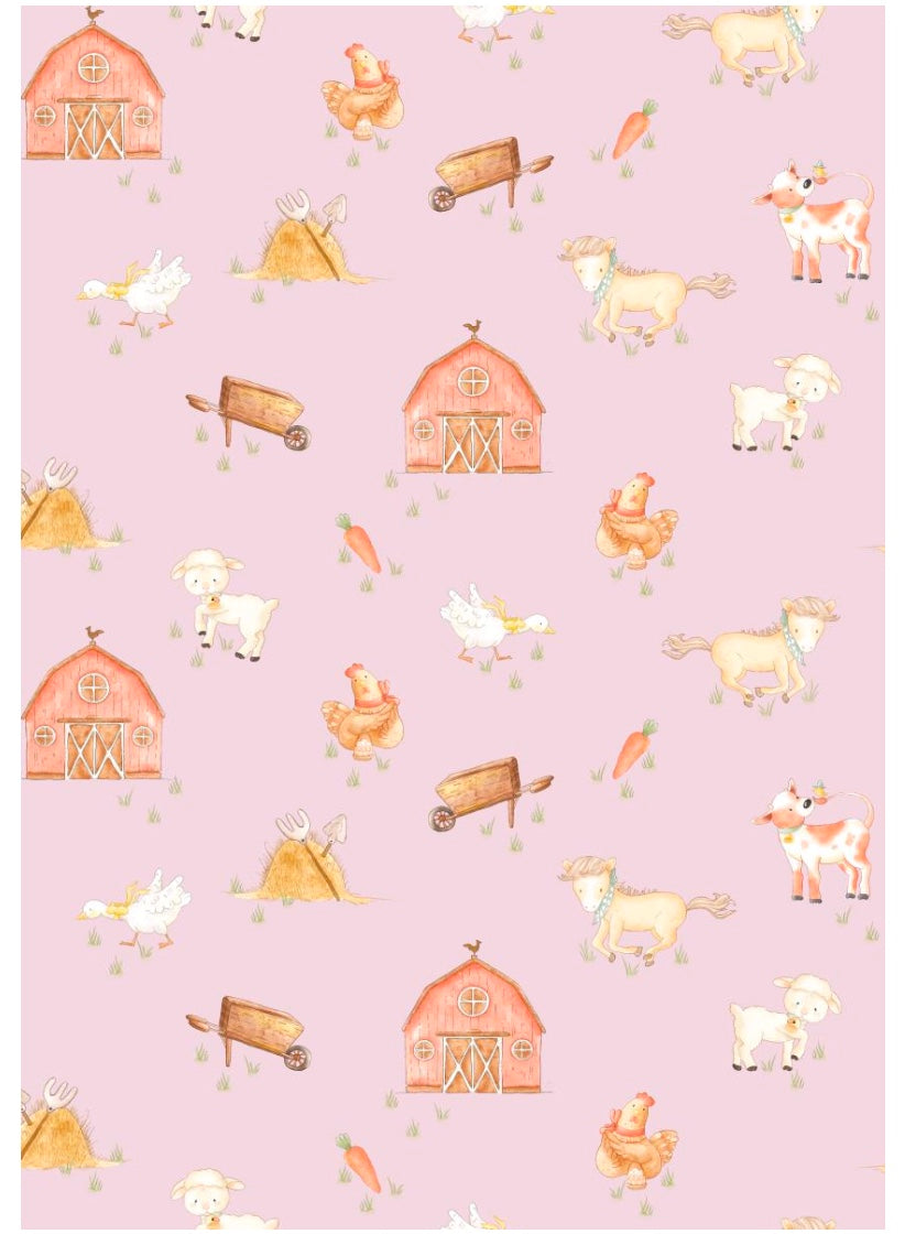 Pattern of farm animals and barns on a pink background