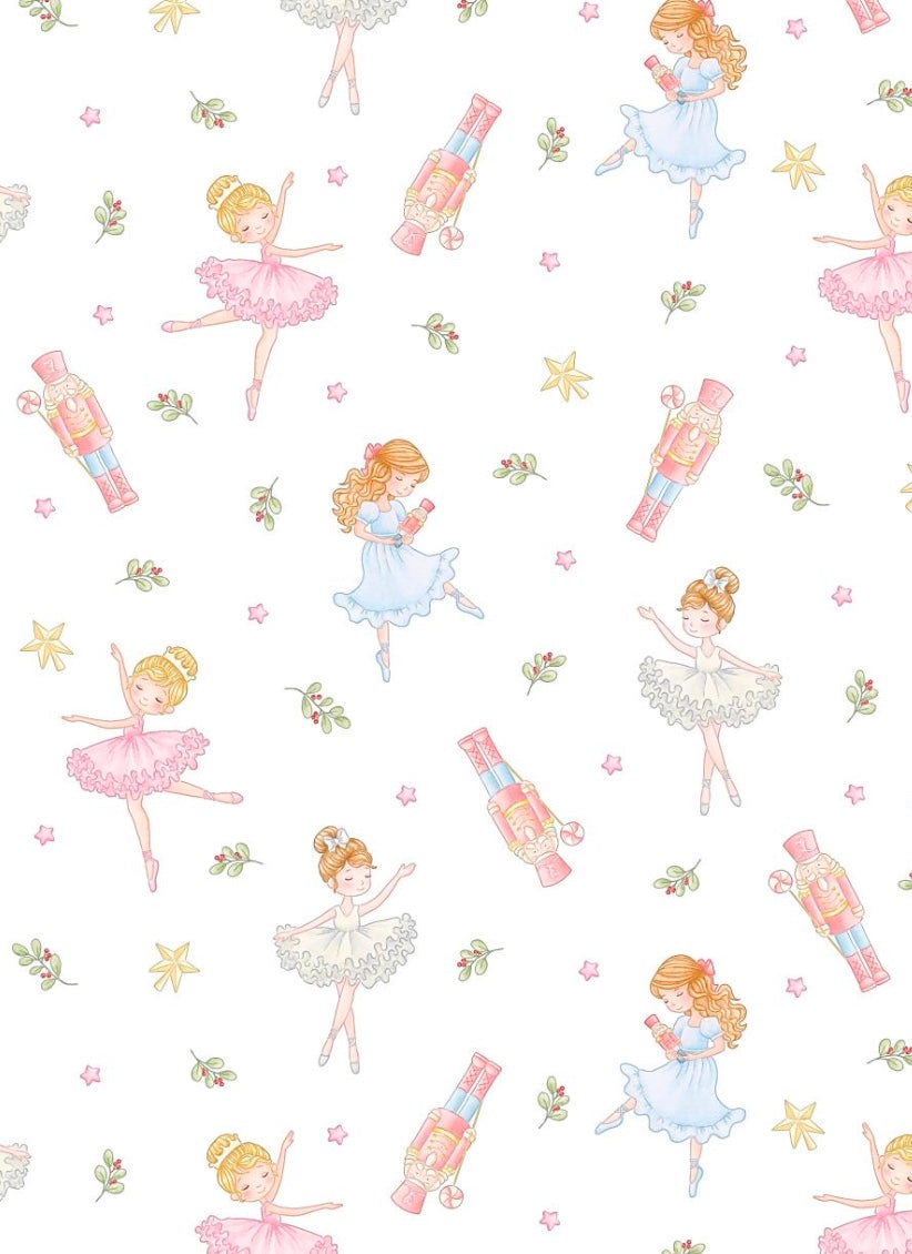 Pattern of ballerina and nutcracker figures on a white background