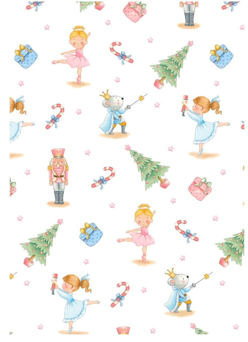Pattern of fairy tale characters including princesses, a prince, and a nutcracker on a white background.