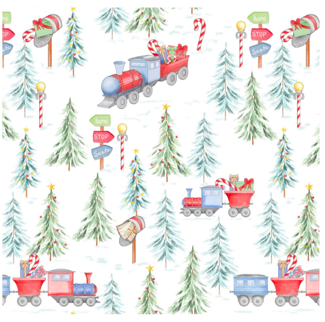 Christmas-themed pattern with trains, trees, and presents on a white background