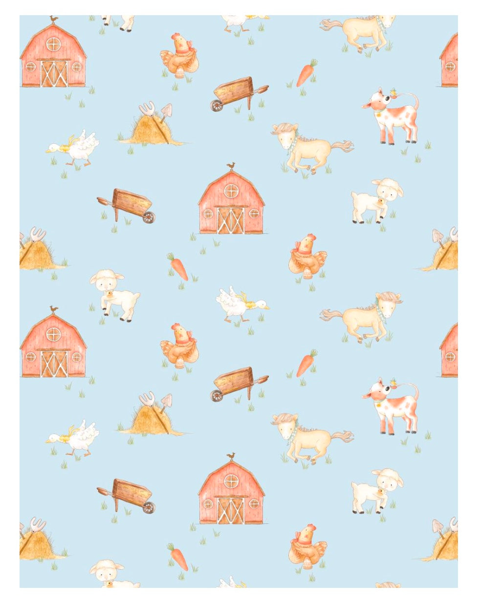 Pattern of farm animals and barns on a light blue background