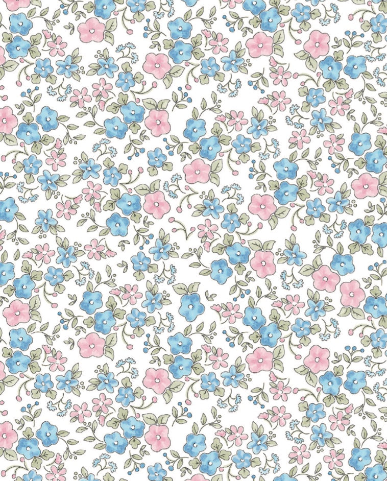 Pattern of small blue and pink flowers on a white background