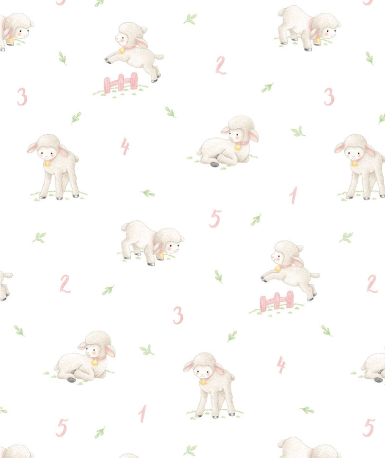 Pattern of baby sheep with numbers and letters on a light background