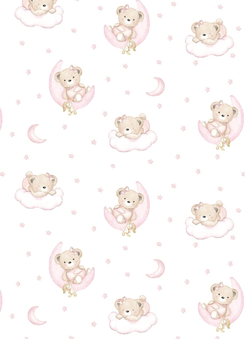 Pattern of teddy bears on clouds with pink accents on a white background