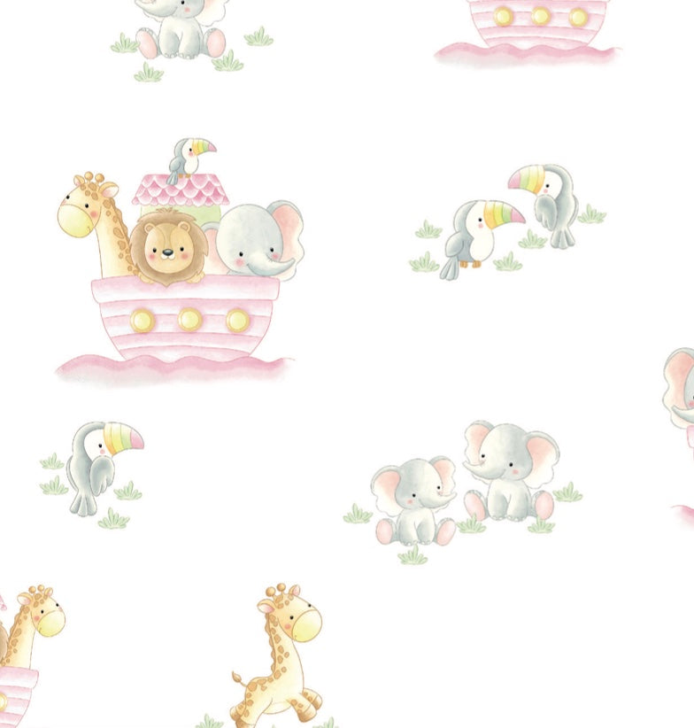 Pattern of cartoon animals around a pink Noah's Ark on a white background