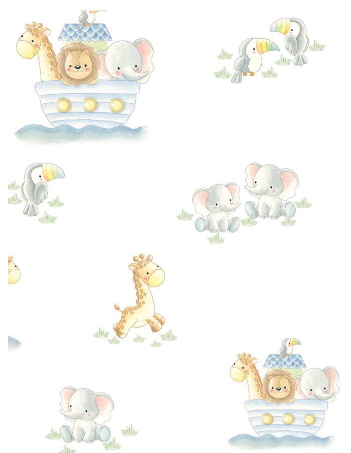 Pattern of cartoon animals around a blue Noah's Ark on a white background