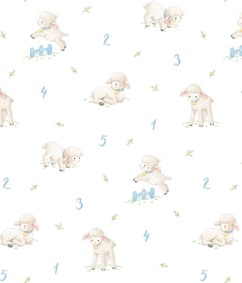 Pattern of baby sheep with numbers and blue elements on a white background