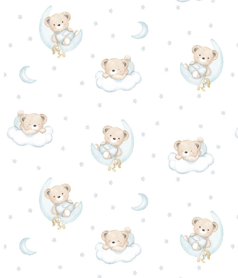 Pattern of teddy bears on clouds and moons with stars on a white background