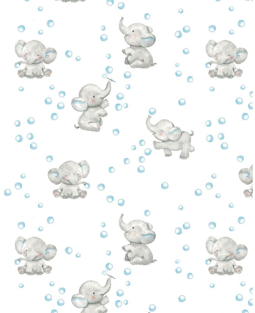 Pattern of white baby elephants with blue accents on a white background