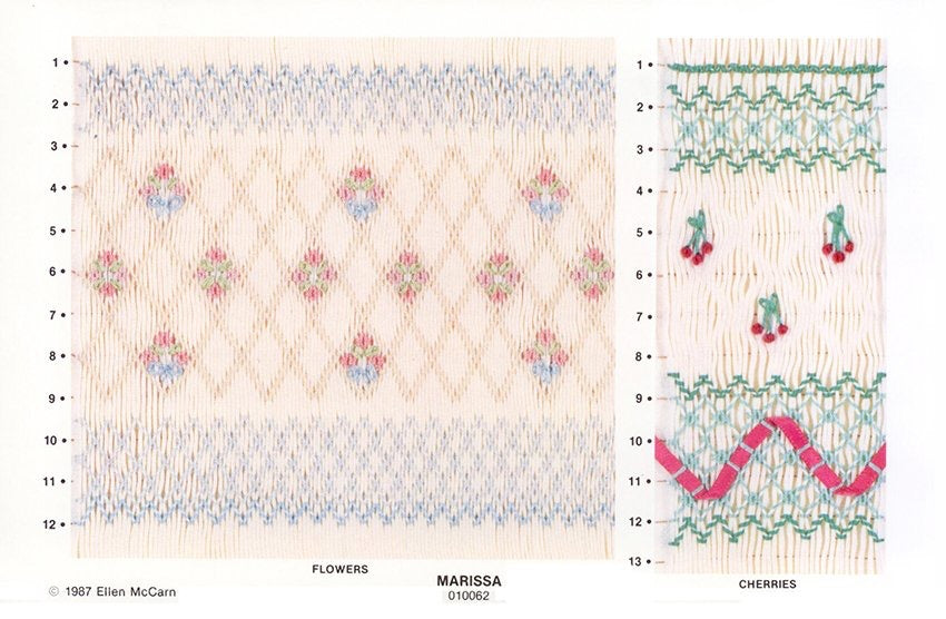 Textile design patterns with floral and cherry designs on a white background.