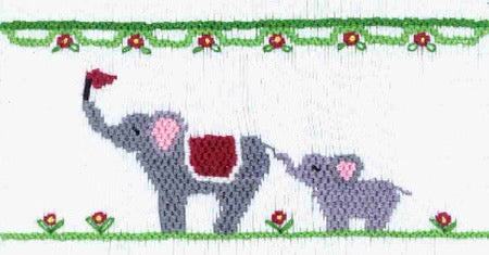 Smocking plate with two elephants in a line. 9 rows of smocking on a yoke.