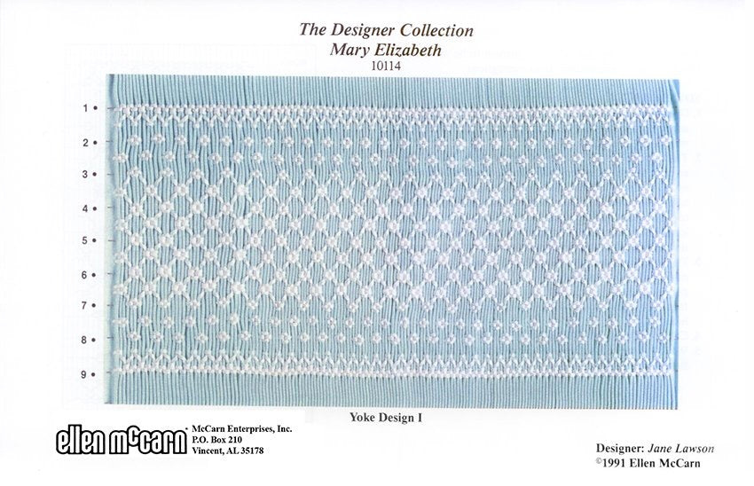 geometric smocking design smocked in white on blue pleated fabric