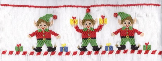 Smocking plate with three elves and presents. 8 rows of smocking on a yoke.