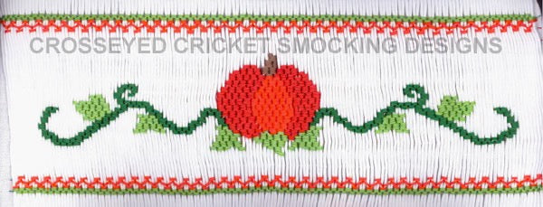 Smocking plate with a solo pumpkin in the patch with vines. 8 rows of smocking on a yoke. Requires 162 pleats.