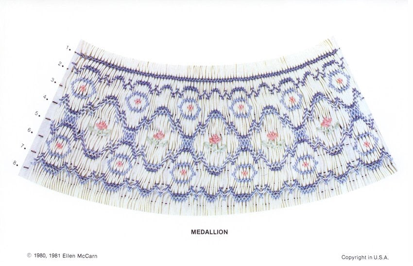 geometric smocking design smocked in blue and pink on white pleated fabric